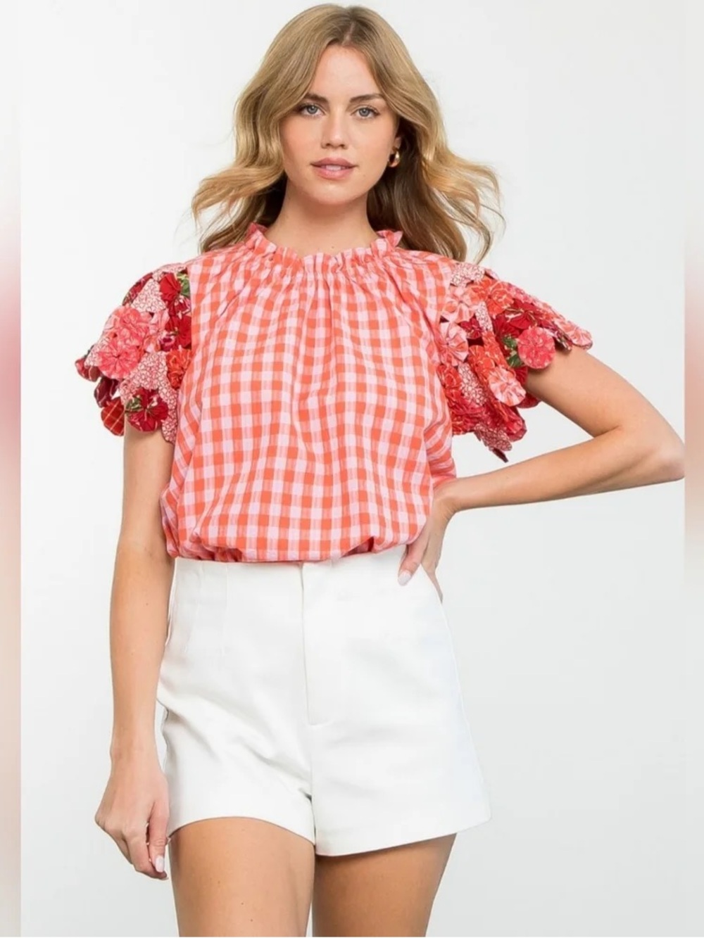 THML Textured Doily Sleeve Pink Gingham Top Coral Puff-Sleeve